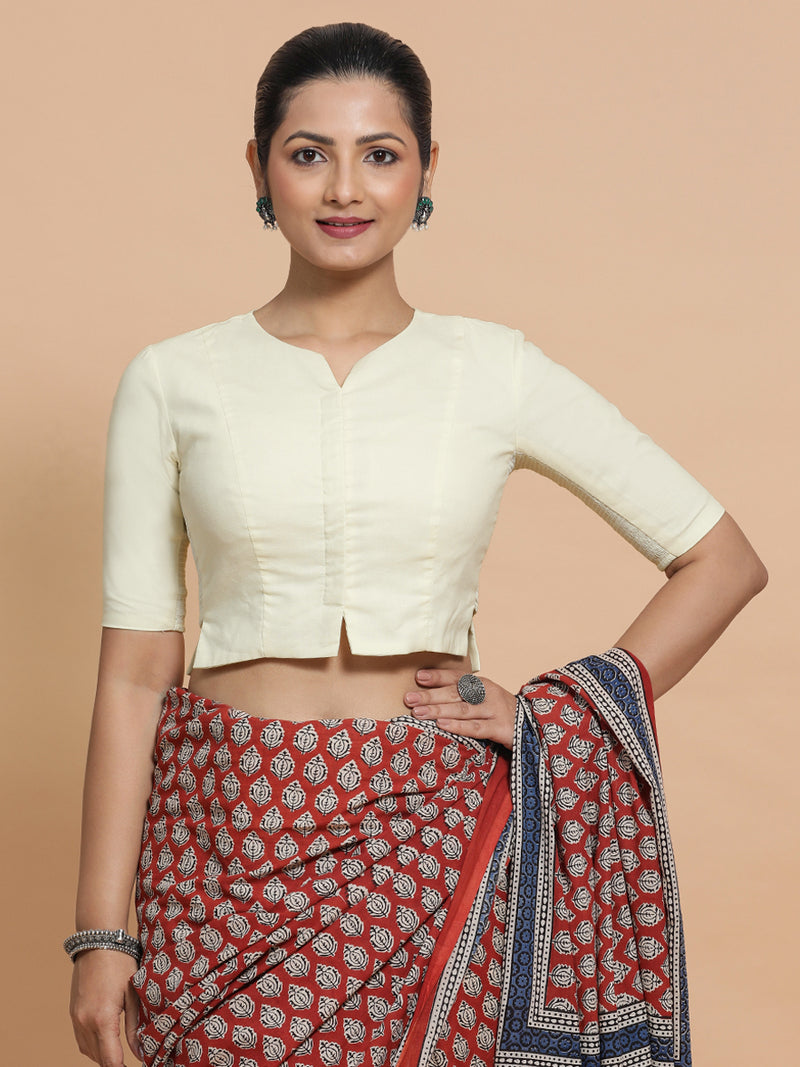 Seema x Rozaana | Elbow Sleeves Saree Blouse in Chalk White Linen-Binks