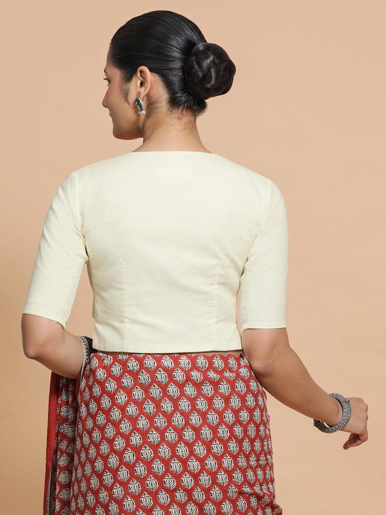 Seema x Rozaana Saree Blouse, in White Linen, featuring elbow sleeves and round neckline, made for daily & work (view 2).