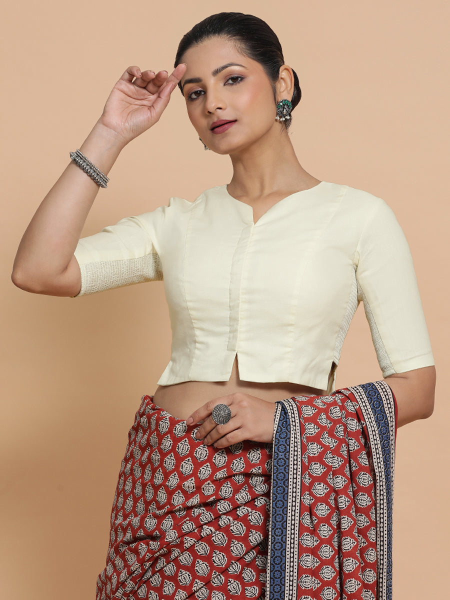 Seema x Rozaana Saree Blouse, in White Linen, featuring elbow sleeves and round neckline, made for daily & work (view 6).