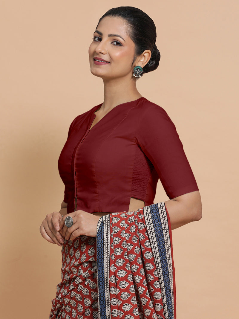Seema x Rozaana | Elbow Sleeves Saree Blouse in Cranberry Red Linen-Binks