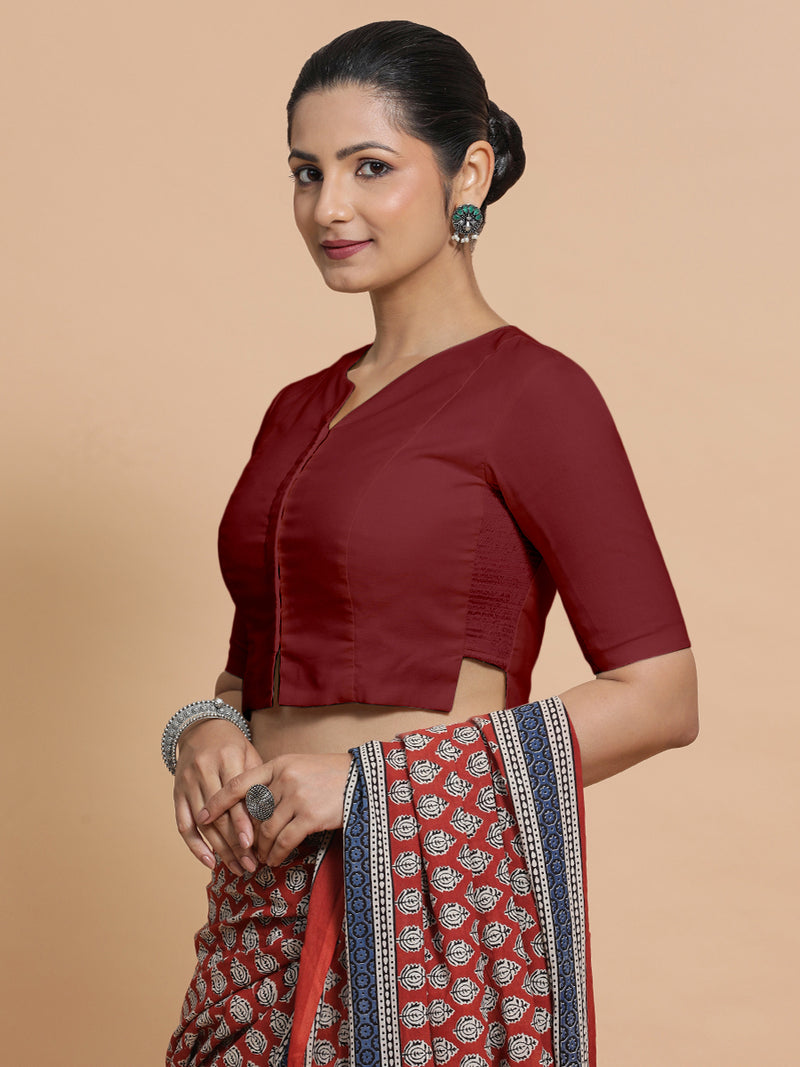 Seema x Rozaana | Elbow Sleeves Saree Blouse in Cranberry Red Linen-Binks