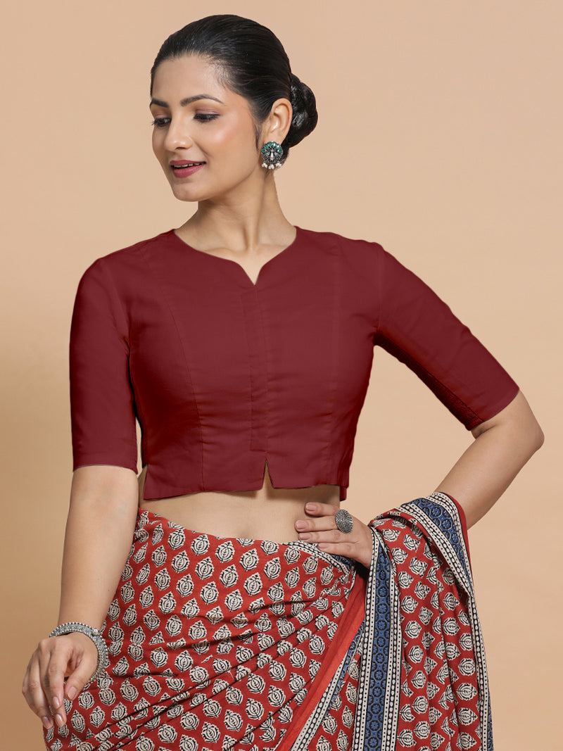 Seema x Rozaana | Elbow Sleeves Saree Blouse in Cranberry Red Linen-Binks