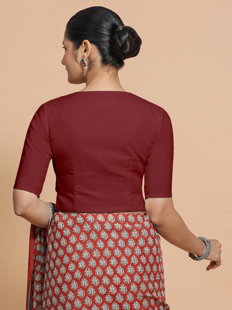Seema x Rozaana Saree Blouse, in Red Linen, featuring elbow sleeves and round neckline, made for daily & work (view 2).