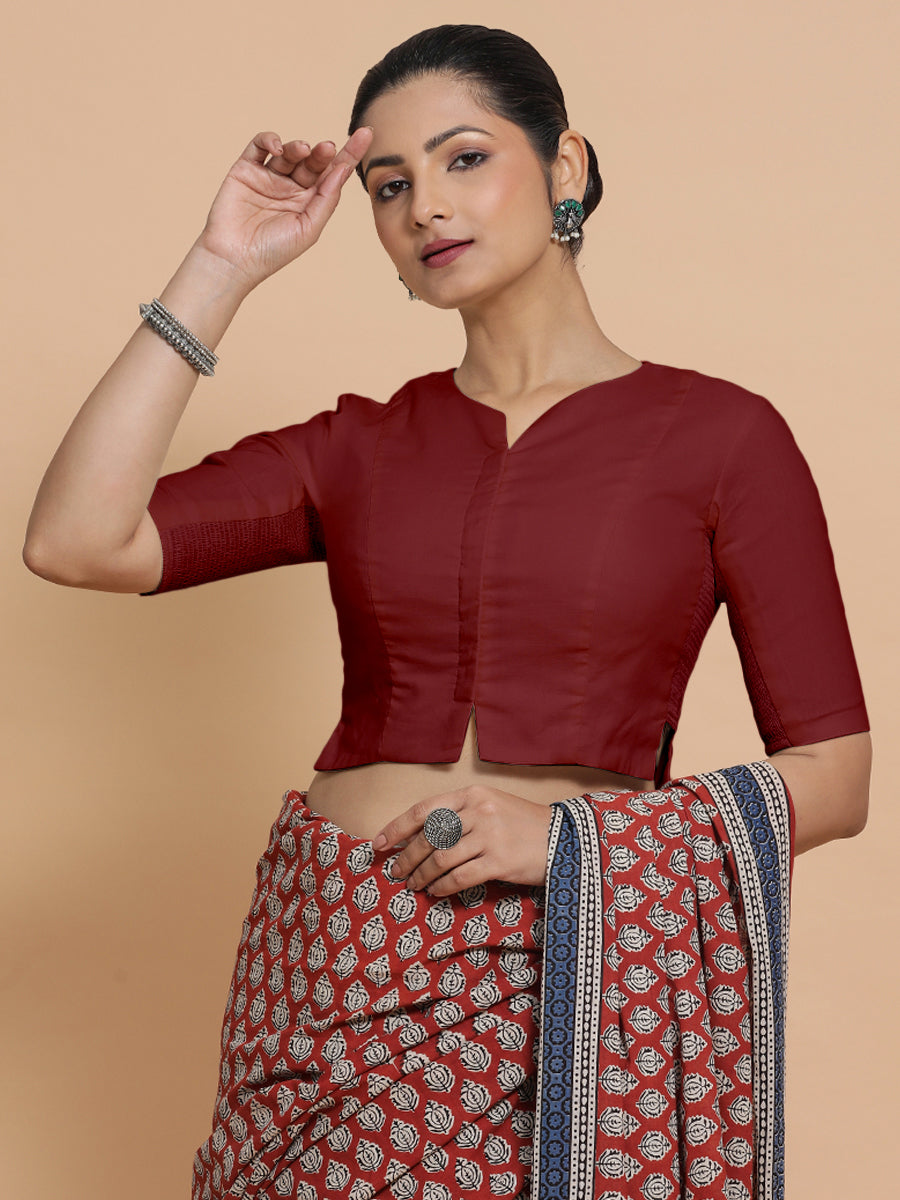 Seema x Rozaana Saree Blouse, in Red Linen, featuring elbow sleeves and round neckline, made for daily & work (view 5).