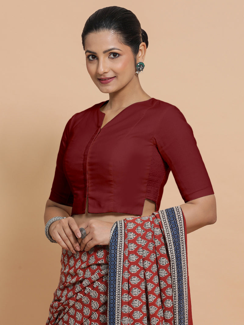 Seema x Rozaana | Elbow Sleeves Saree Blouse in Cranberry Red Linen-Binks