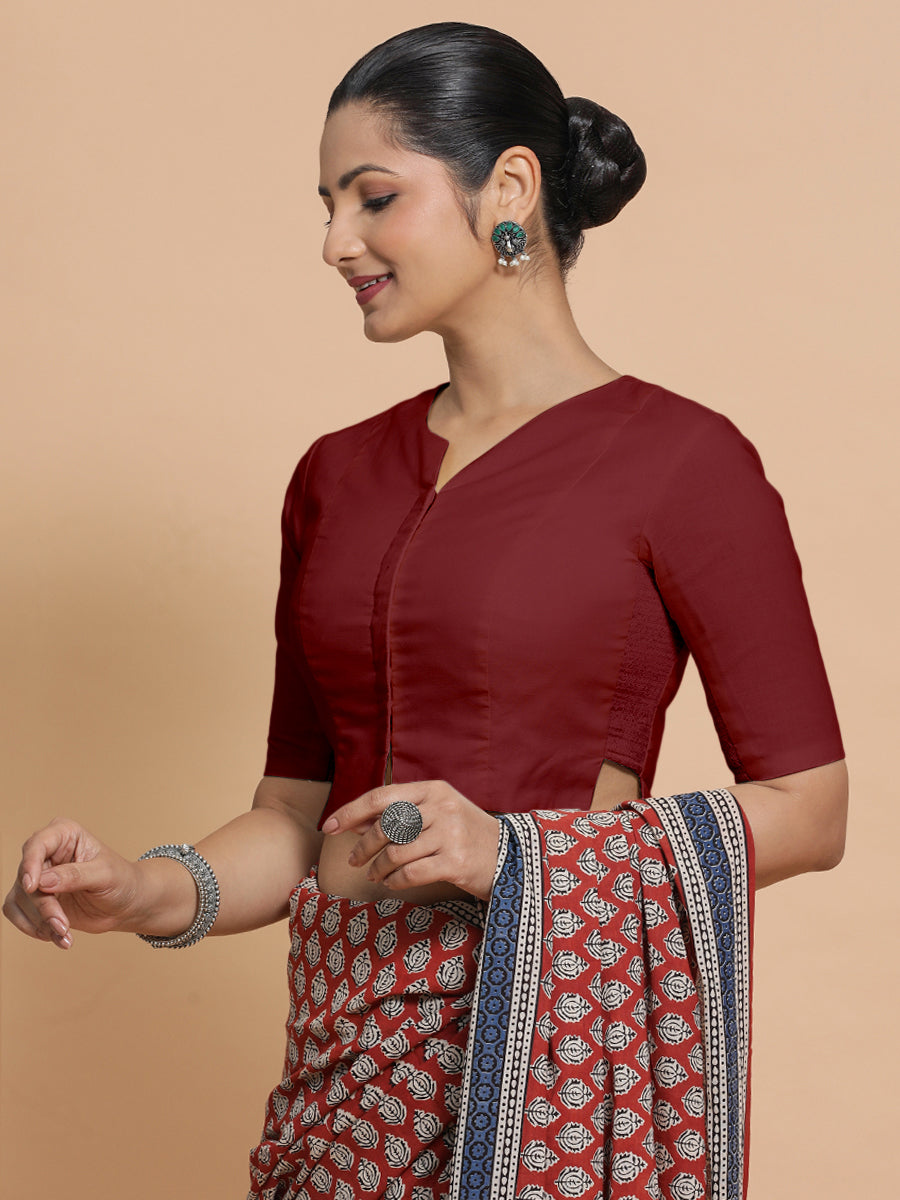 Seema x Rozaana Saree Blouse, in Red Linen, featuring elbow sleeves and round neckline, made for daily & work (view 8).