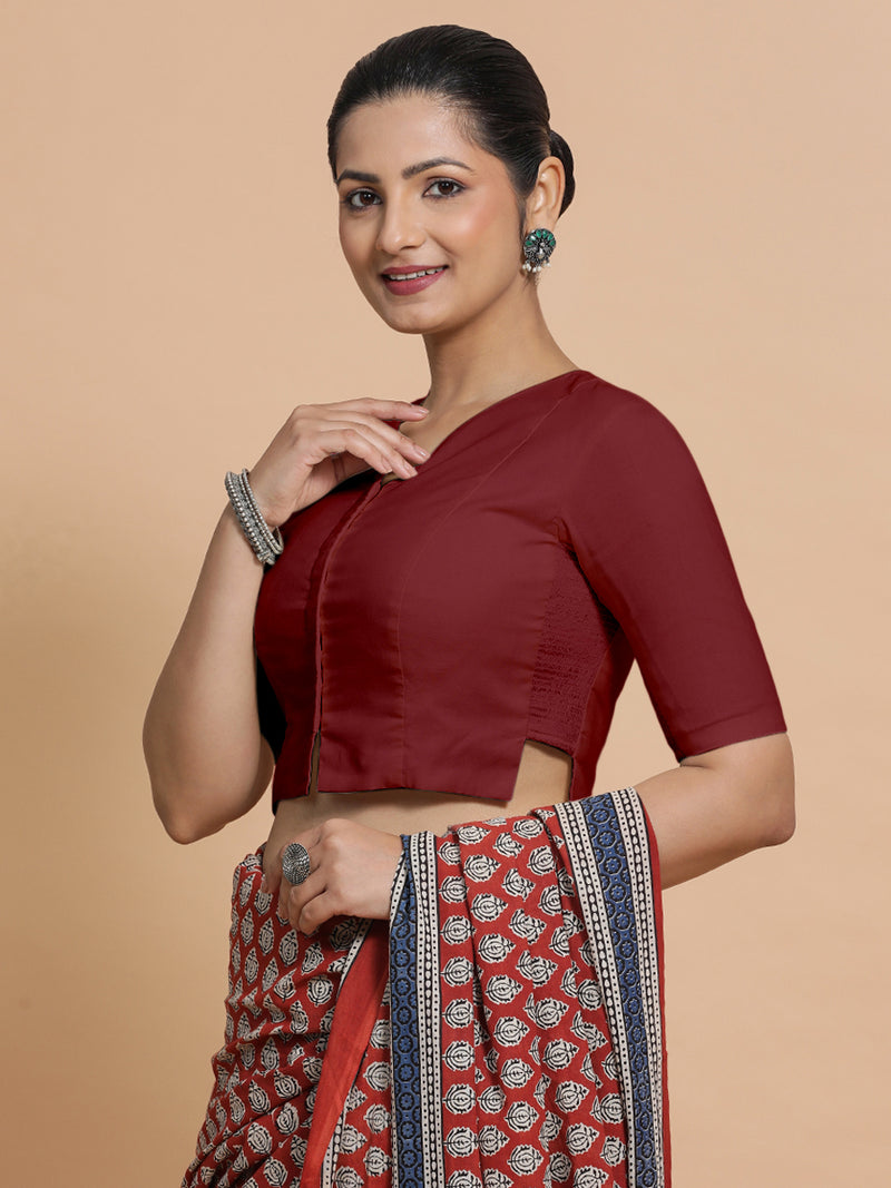 Seema x Rozaana | Elbow Sleeves Saree Blouse in Cranberry Red Linen-Binks