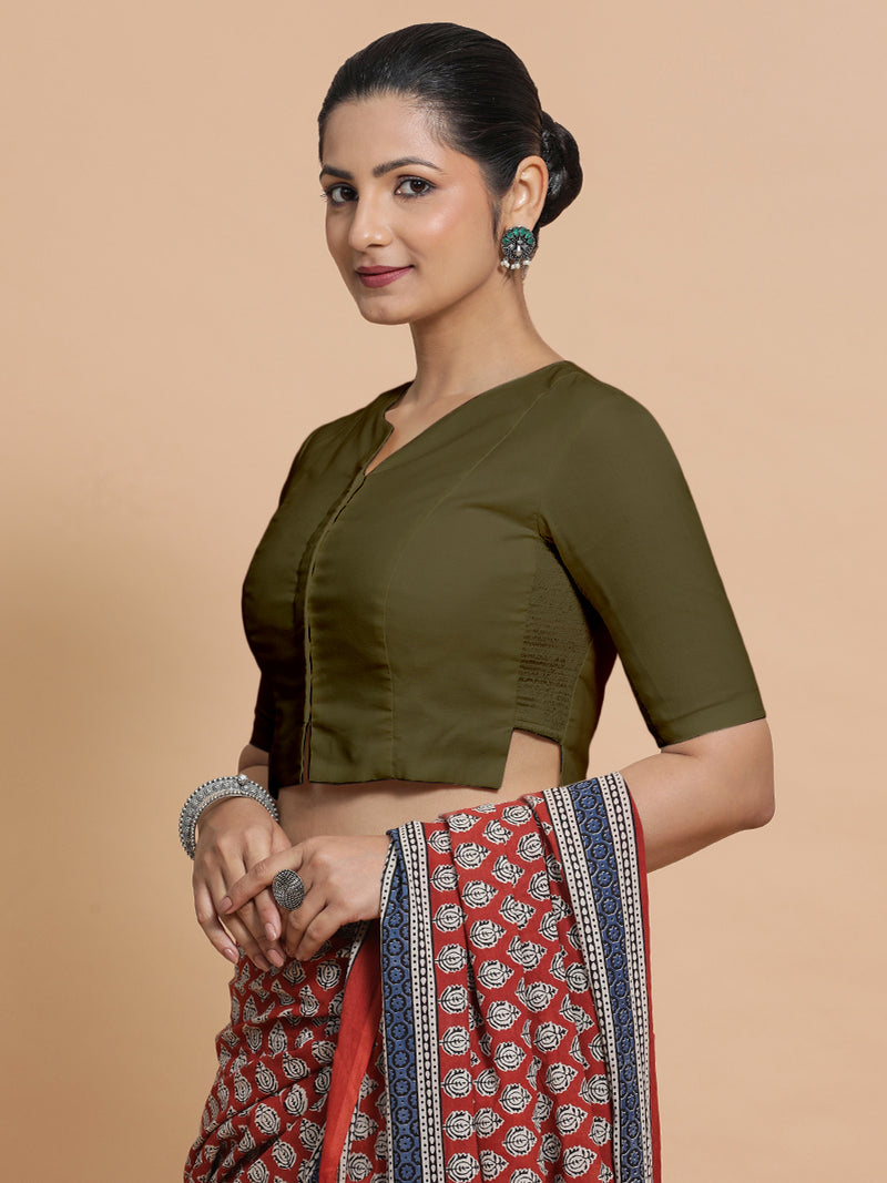 Seema x Rozaana | Elbow Sleeves Saree Blouse in Deep Olive Green Linen-Binks