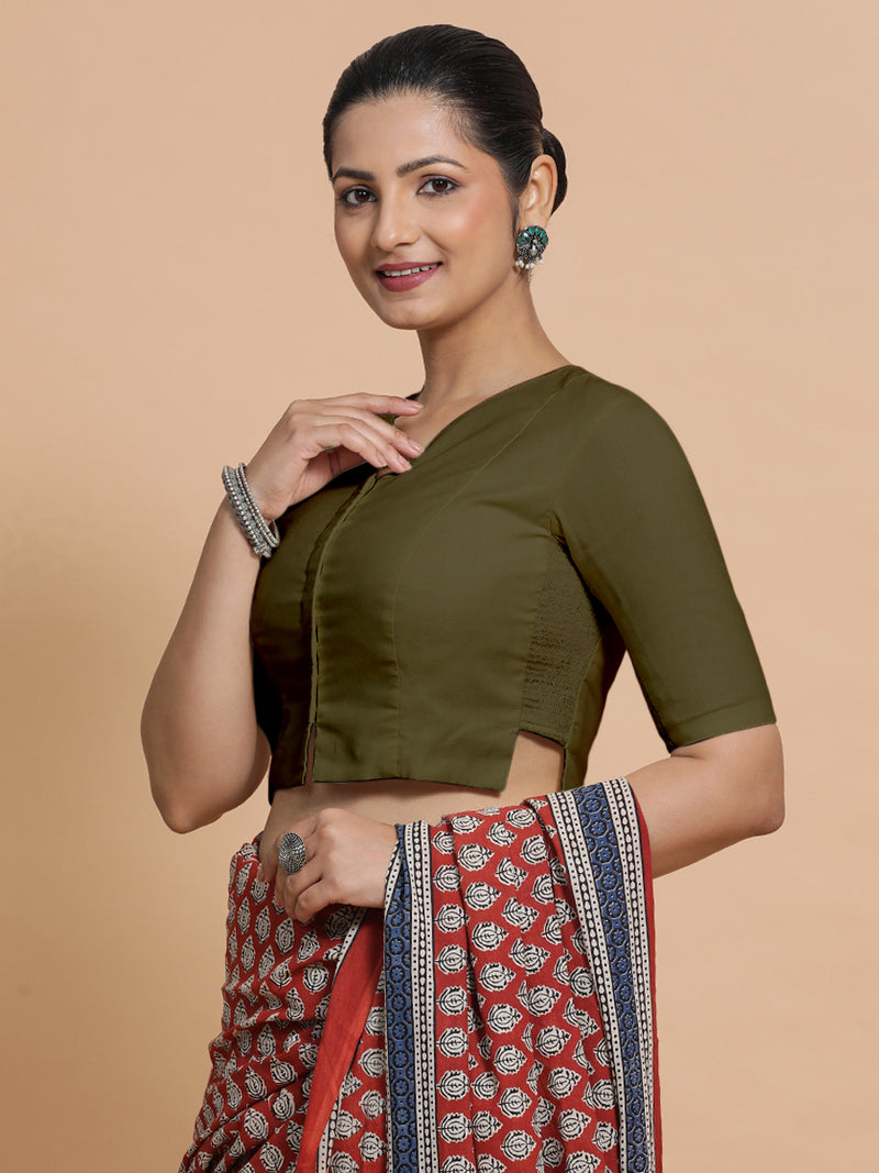 Seema x Rozaana | Elbow Sleeves Saree Blouse in Deep Olive Green Linen-Binks