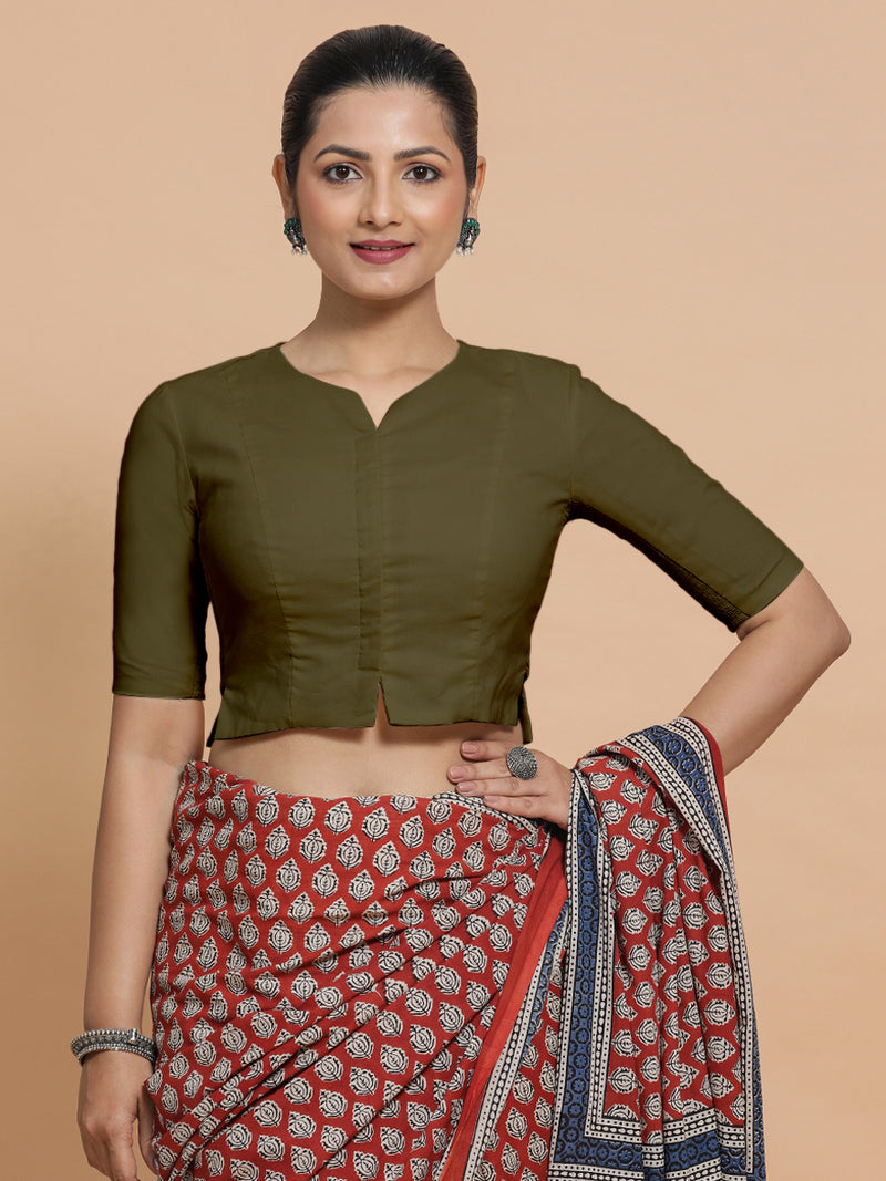 Seema x Rozaana | Elbow Sleeves Saree Blouse in Deep Olive Green Linen-Binks
