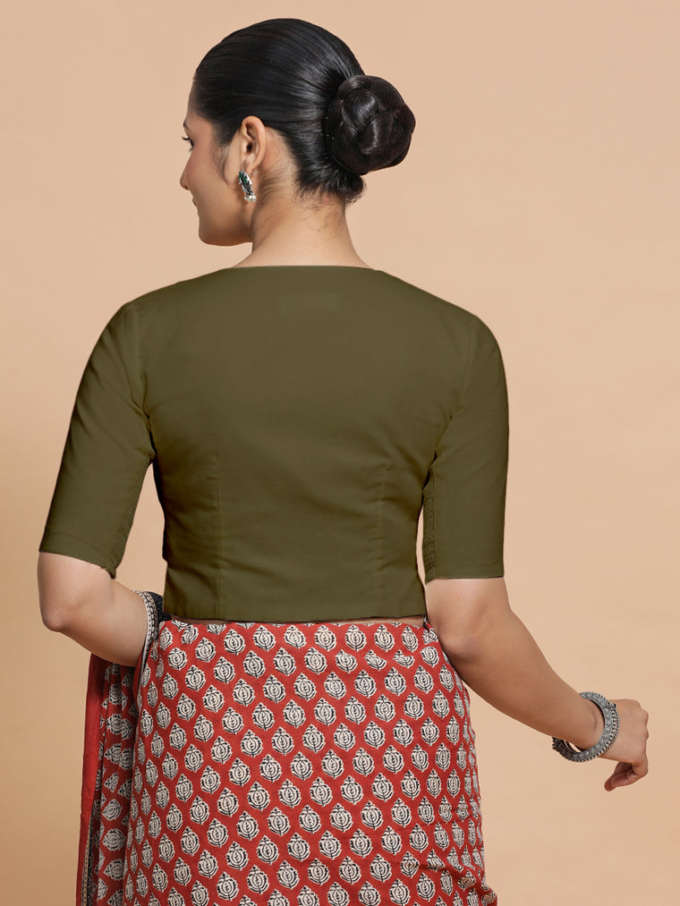 Seema x Rozaana Saree Blouse, in Green Linen, featuring elbow sleeves and round neckline, made for daily & work (view 2).