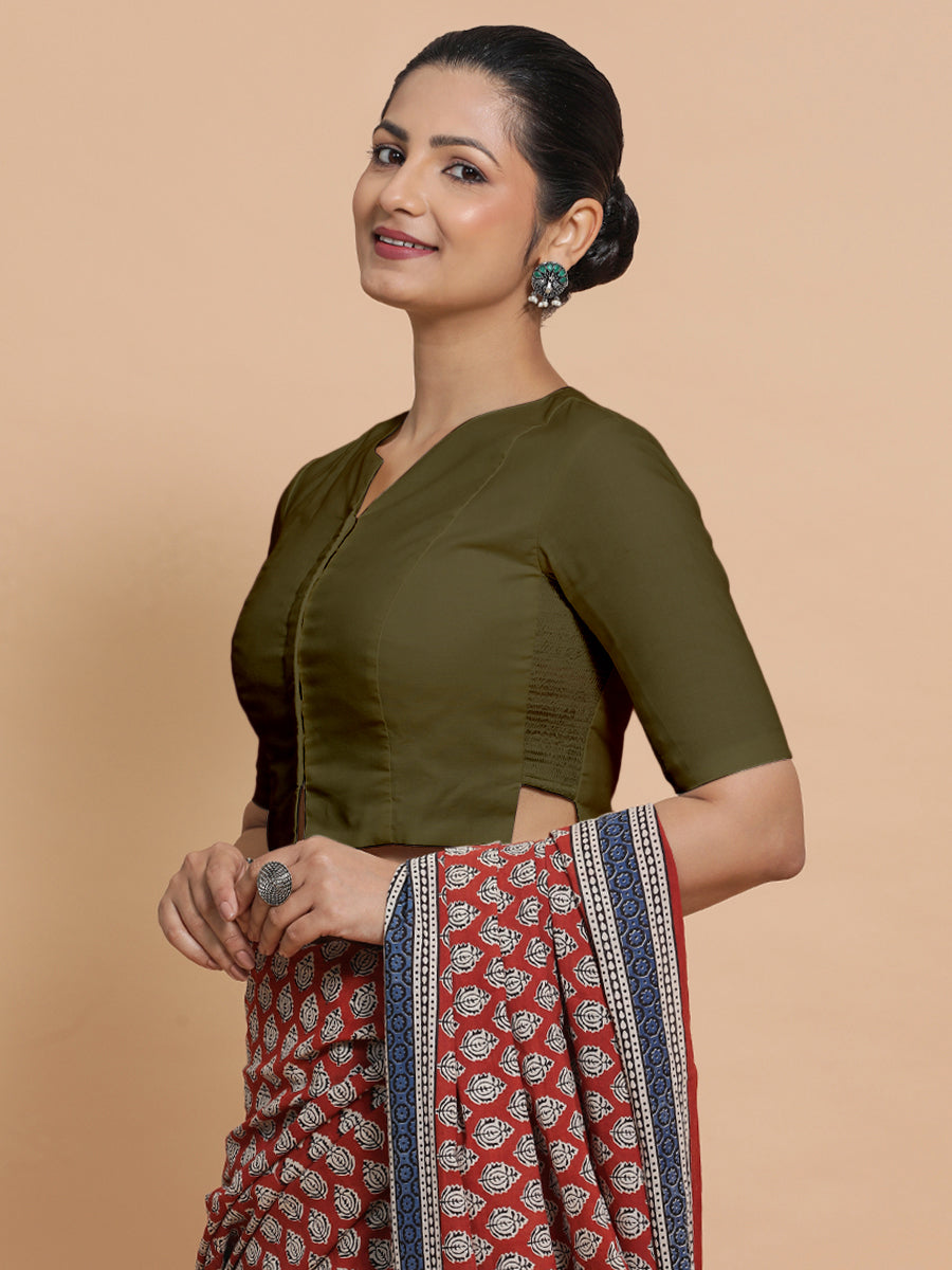 Seema x Rozaana Saree Blouse, in Green Linen, featuring elbow sleeves and round neckline, made for daily & work (view 5).