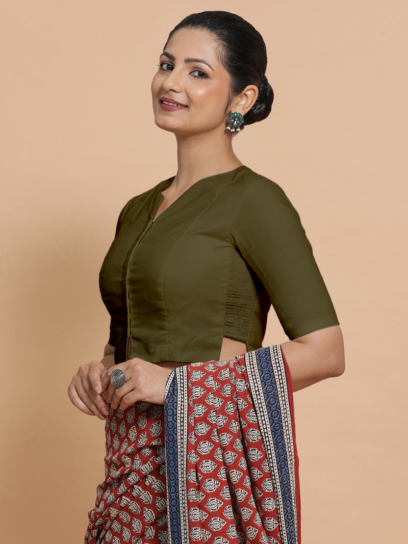 Seema x Rozaana | Elbow Sleeves Saree Blouse in Deep Olive Green Linen-Binks