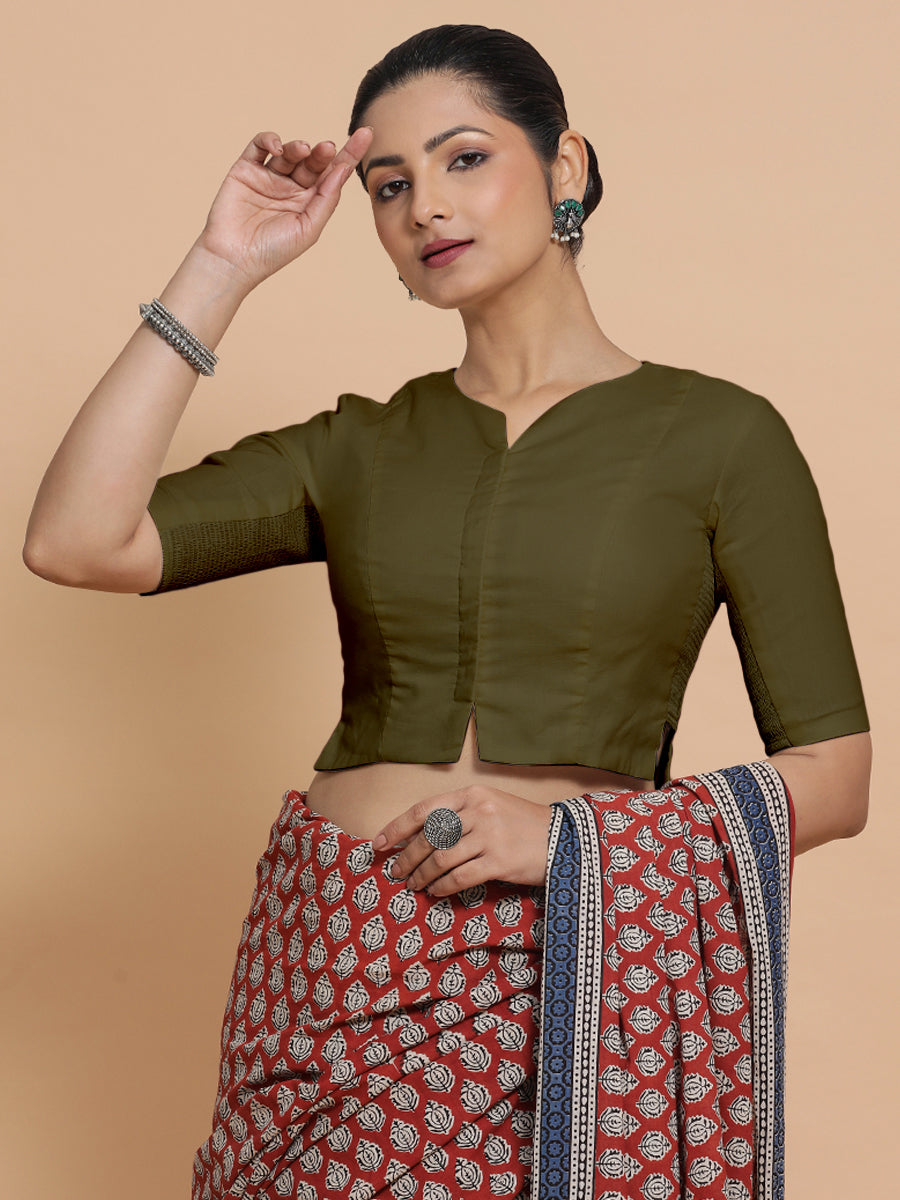 Seema x Rozaana Saree Blouse, in Green Linen, featuring elbow sleeves and round neckline, made for daily & work (view 6).