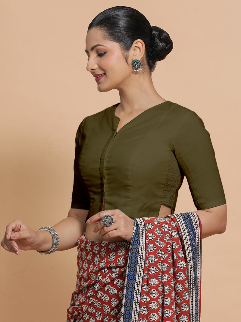 Seema x Rozaana | Elbow Sleeves Saree Blouse in Deep Olive Green Linen-Binks
