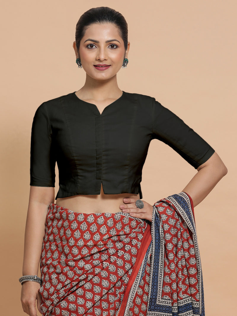 Seema x Rozaana | Elbow Sleeves Saree Blouse in Ebony Black Linen-Binks