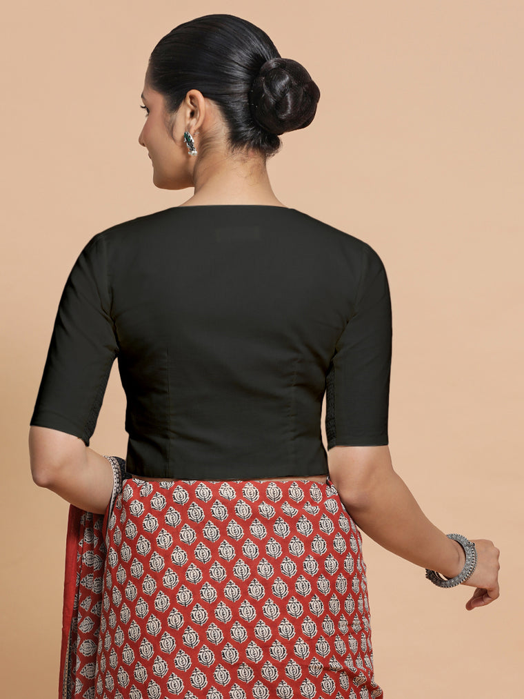 Seema x Rozaana Saree Blouse, in Black Linen, featuring elbow sleeves and round neckline, made for daily & work (view 2).