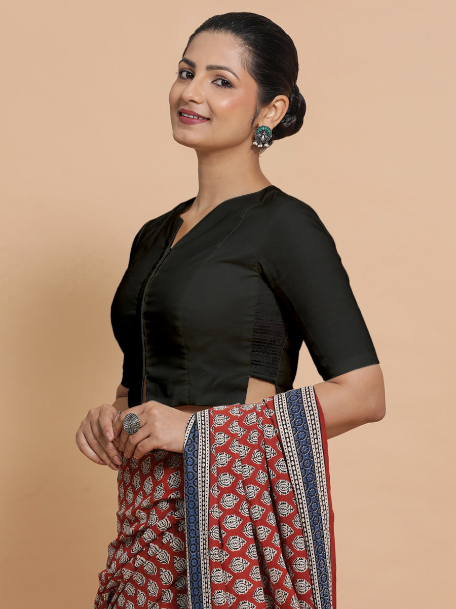 Seema x Rozaana Saree Blouse, in Black Linen, featuring elbow sleeves and round neckline, made for daily & work (view 5).