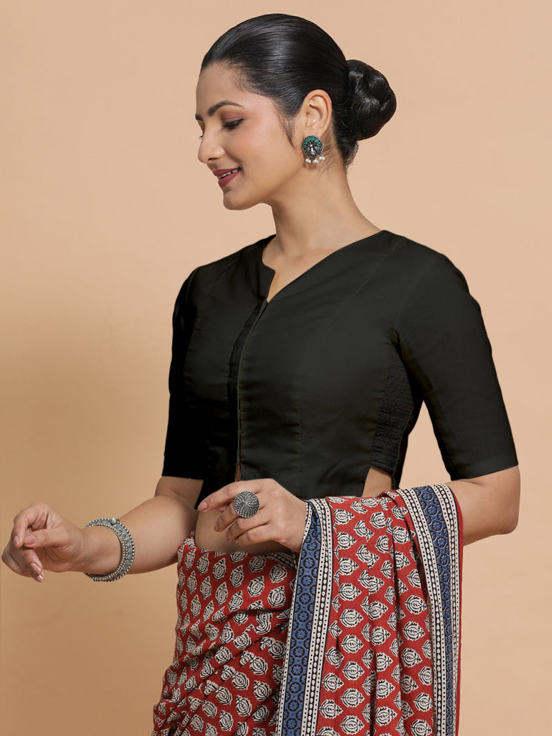 Seema x Rozaana | Elbow Sleeves Saree Blouse in Ebony Black Linen-Binks