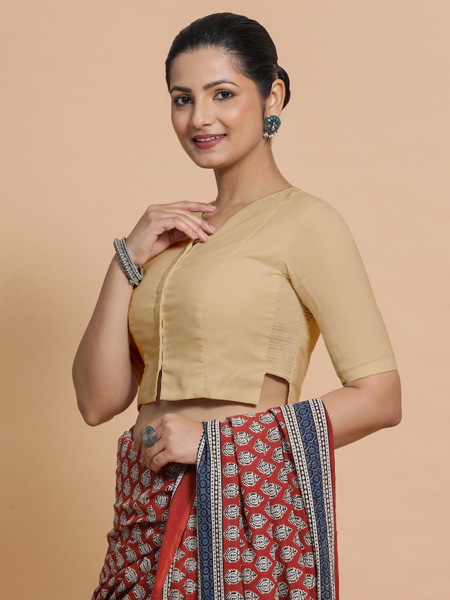 Seema x Rozaana Saree Blouse, in Beige Linen, featuring elbow sleeves and round neckline, made for daily & work.