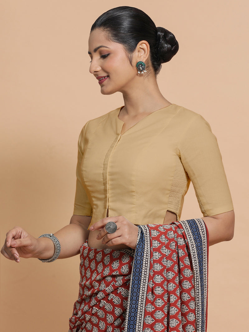 Seema x Rozaana | Elbow Sleeves Saree Blouse in Ecru Beige Linen-Binks