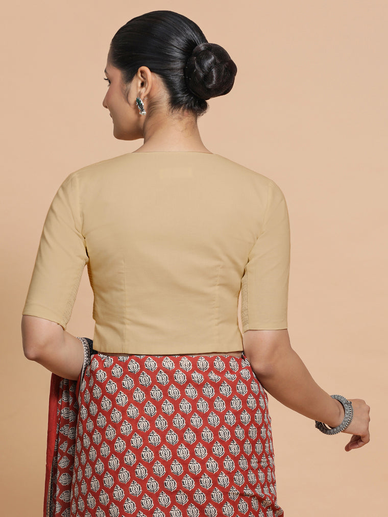 Seema x Rozaana Saree Blouse, in Beige Linen, featuring elbow sleeves and round neckline, made for daily & work (view 2).