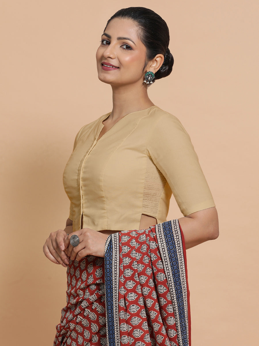 Seema x Rozaana Saree Blouse, in Beige Linen, featuring elbow sleeves and round neckline, made for daily & work (view 5).