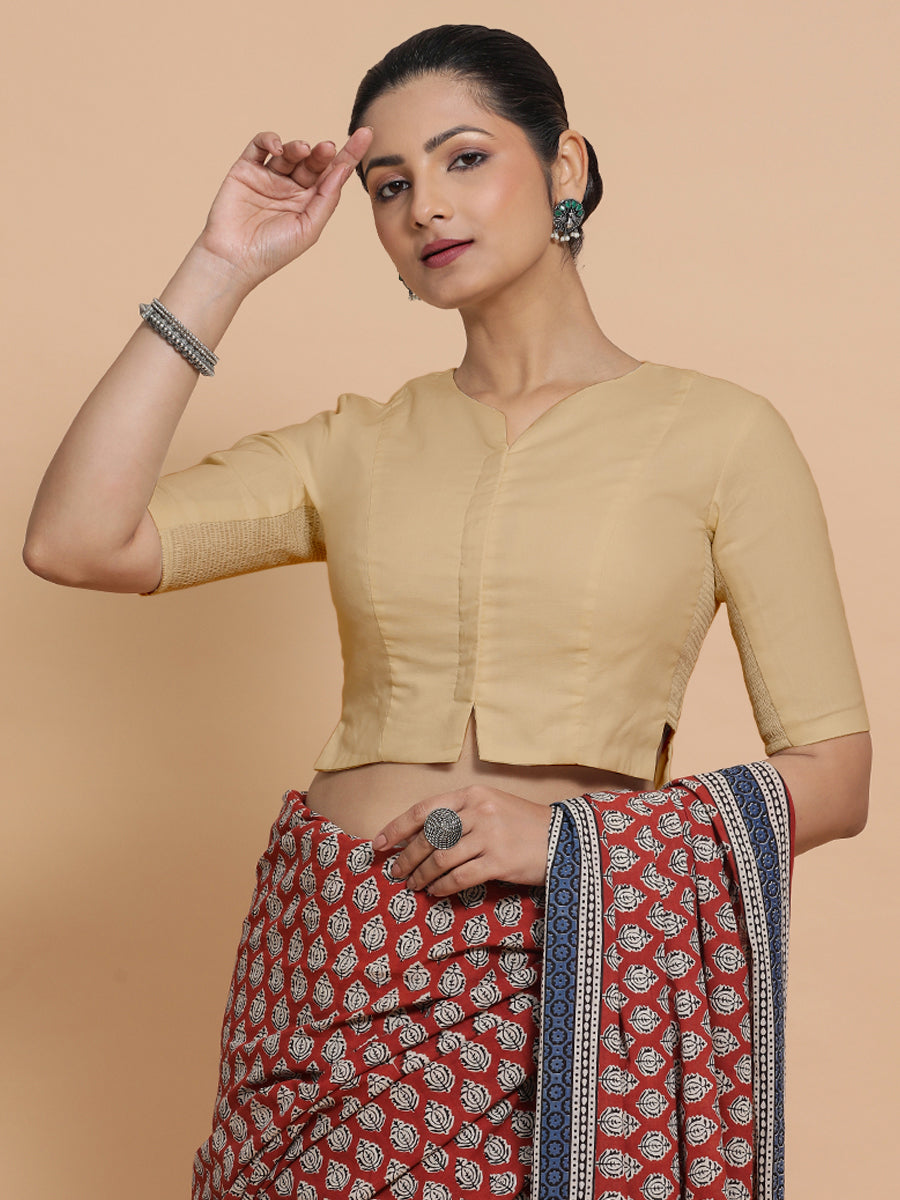 Seema x Rozaana Saree Blouse, in Beige Linen, featuring elbow sleeves and round neckline, made for daily & work (view 6).