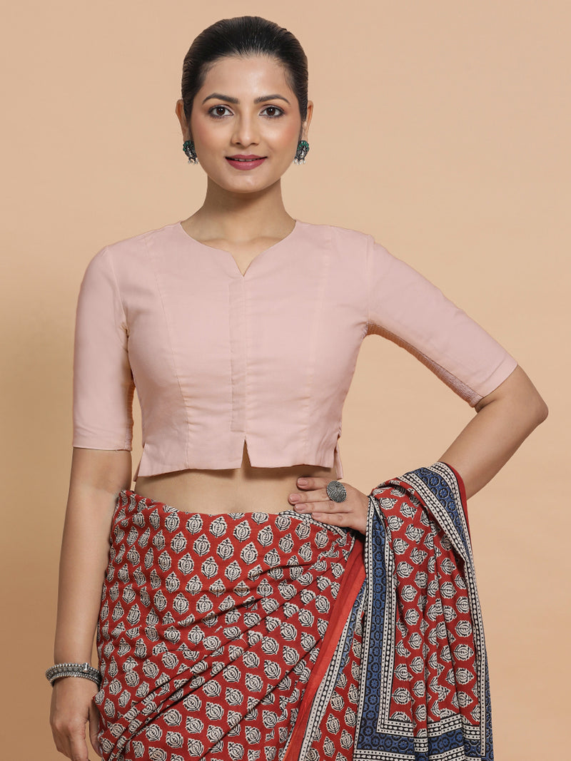 Seema x Rozaana | Elbow Sleeves Saree Blouse in Misty Pink Linen-Binks