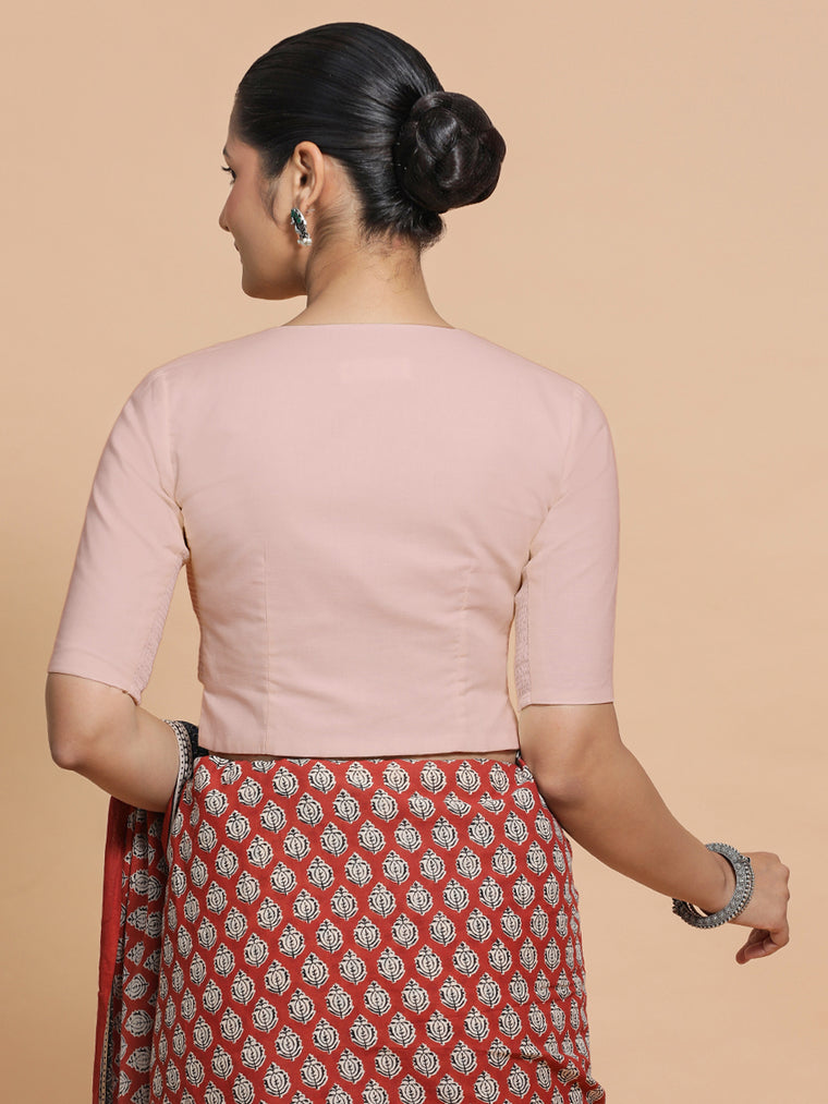 Seema x Rozaana Saree Blouse, in Pink Linen, featuring elbow sleeves and round neckline, made for daily & work (view 2).