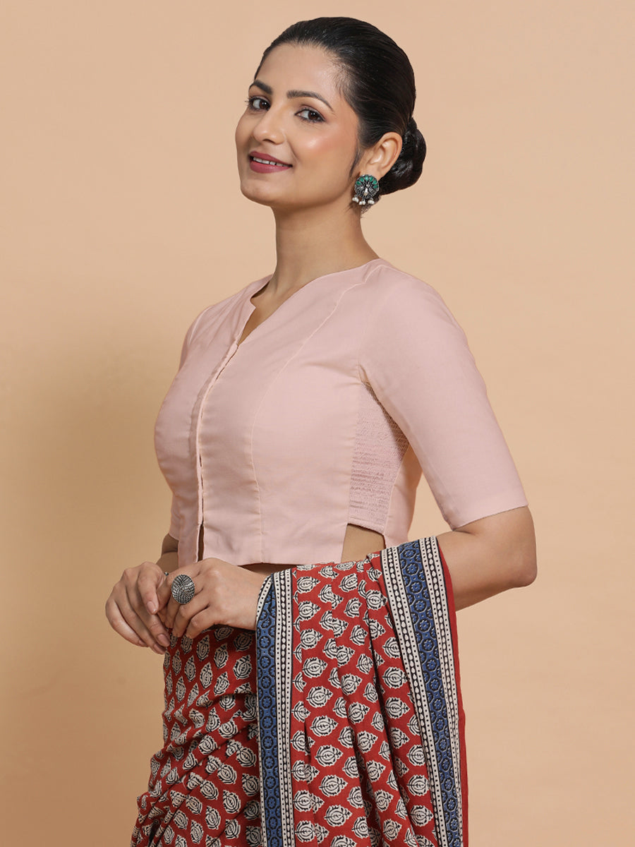 Seema x Rozaana Saree Blouse, in Pink Linen, featuring elbow sleeves and round neckline, made for daily & work (view 5).
