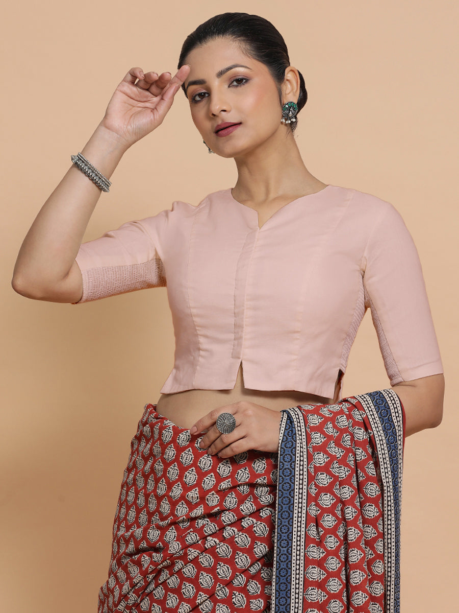 Seema x Rozaana Saree Blouse, in Pink Linen, featuring elbow sleeves and round neckline, made for daily & work (view 6).