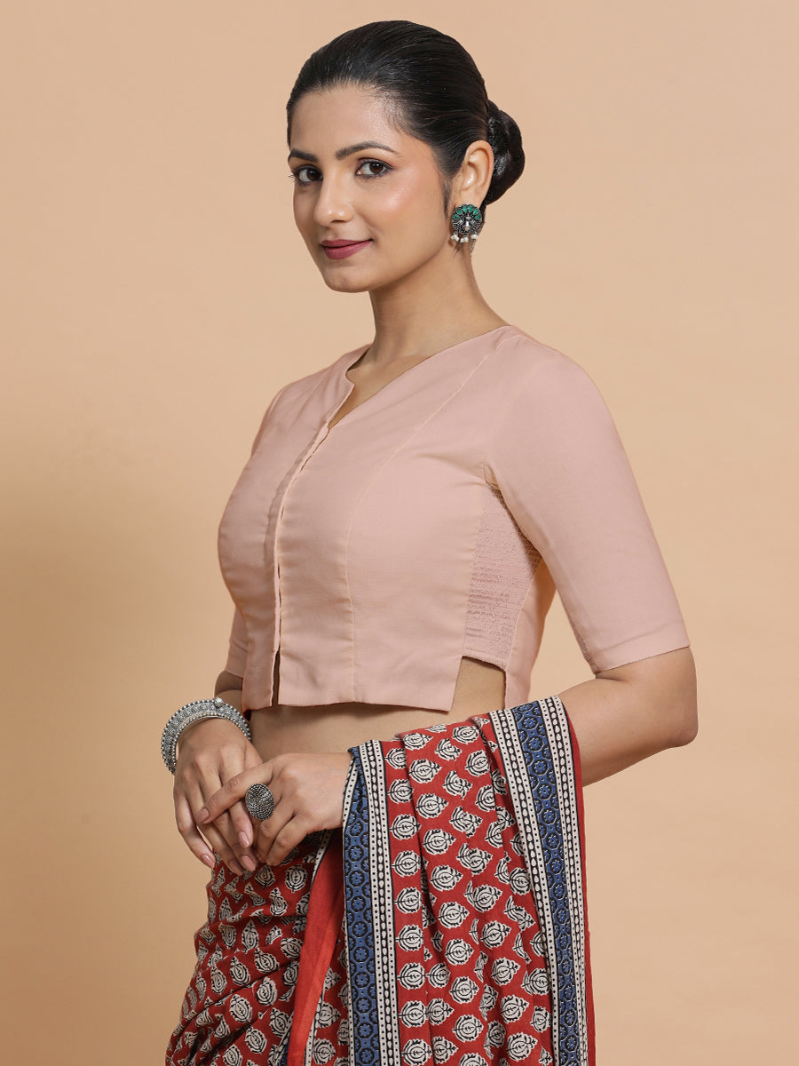 Seema x Rozaana Saree Blouse, in Pink Linen, featuring elbow sleeves and round neckline, made for daily & work (view 7).
