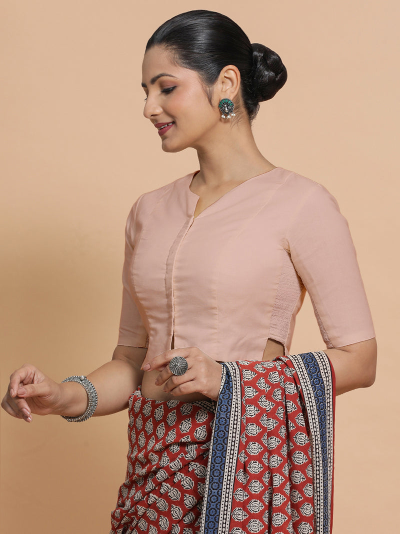 Seema x Rozaana | Elbow Sleeves Saree Blouse in Misty Pink Linen-Binks