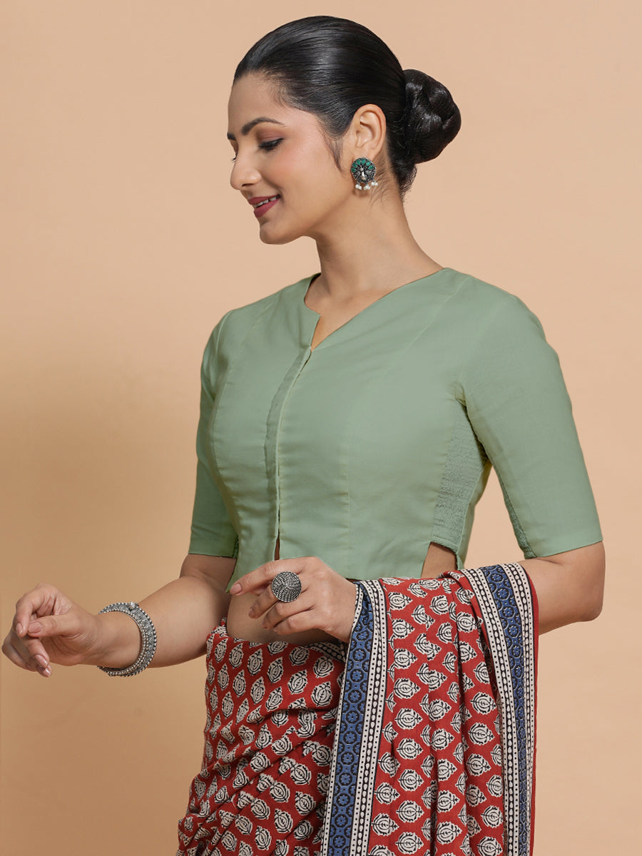 Seema x Rozaana Saree Blouse, in Green Linen, featuring elbow sleeves and round neckline, made for daily & work.