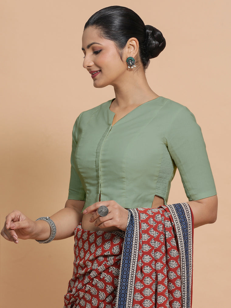 Seema x Rozaana Saree Blouse, in Green Linen, featuring elbow sleeves and round neckline, made for daily & work.