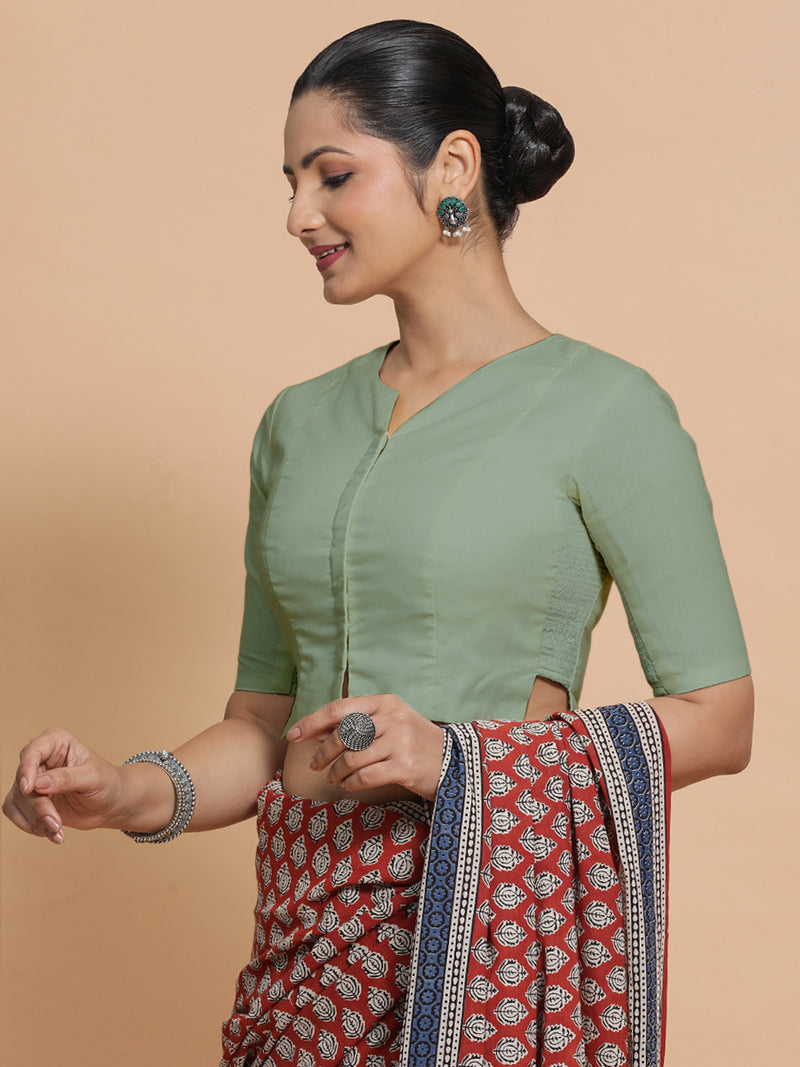 Seema x Rozaana | Elbow Sleeves Saree Blouse in Peppermint Green Linen-Binks