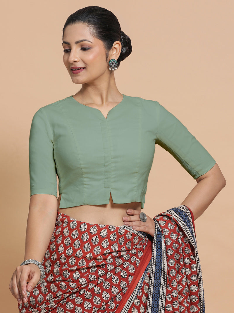 Seema x Rozaana | Elbow Sleeves Saree Blouse in Peppermint Green Linen-Binks