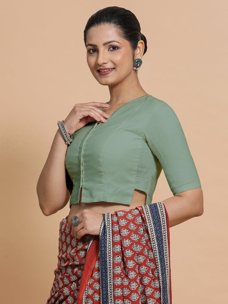 Seema x Rozaana | Elbow Sleeves Saree Blouse in Peppermint Green Linen-Binks
