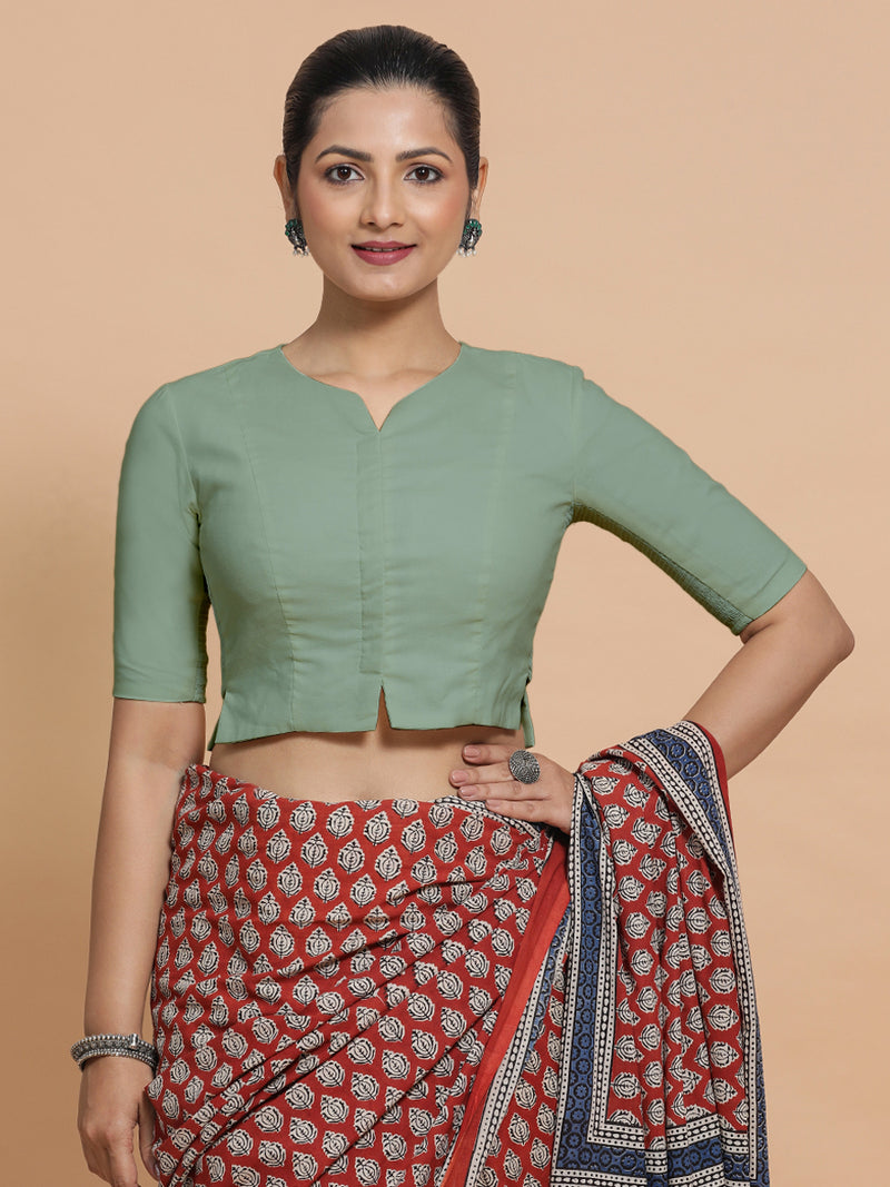 Seema x Rozaana | Elbow Sleeves Saree Blouse in Peppermint Green Linen-Binks
