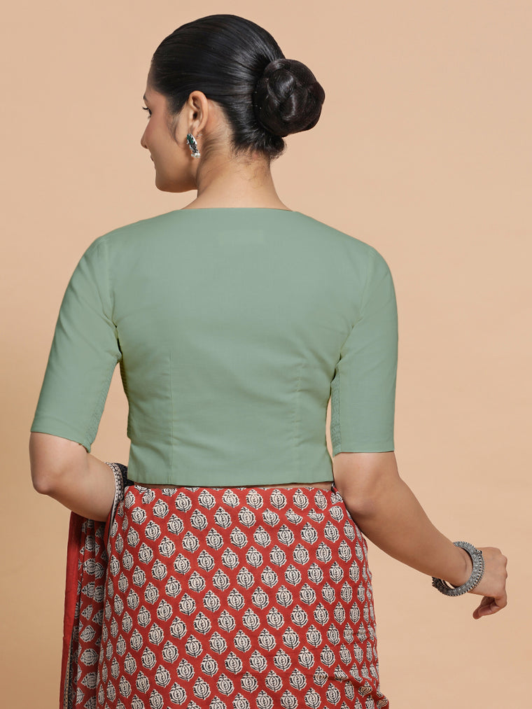 Seema x Rozaana Saree Blouse, in Green Linen, featuring elbow sleeves and round neckline, made for daily & work (view 2).