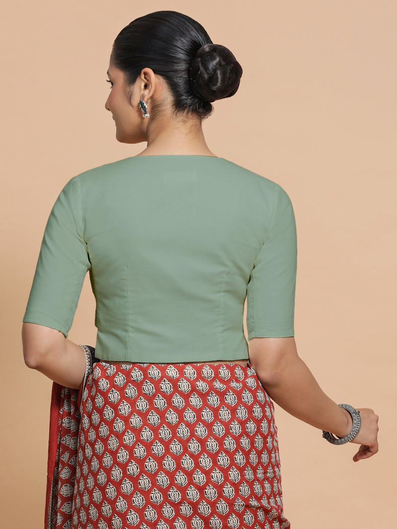 Seema x Rozaana | Elbow Sleeves Saree Blouse in Peppermint Green Linen-Binks