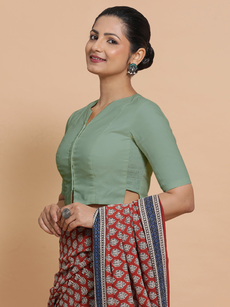 Seema x Rozaana Saree Blouse, in Green Linen, featuring elbow sleeves and round neckline, made for daily & work (view 5).