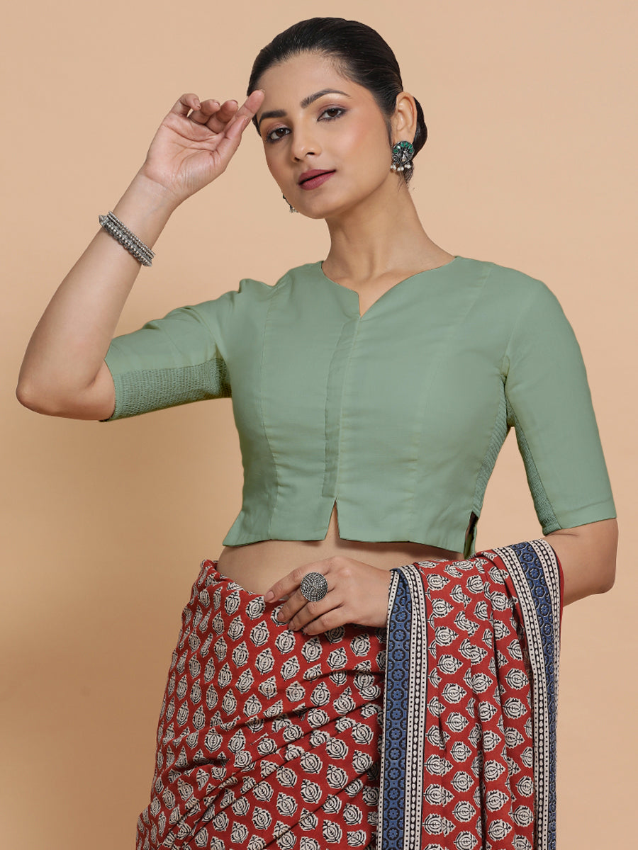 Seema x Rozaana Saree Blouse, in Green Linen, featuring elbow sleeves and round neckline, made for daily & work (view 6).