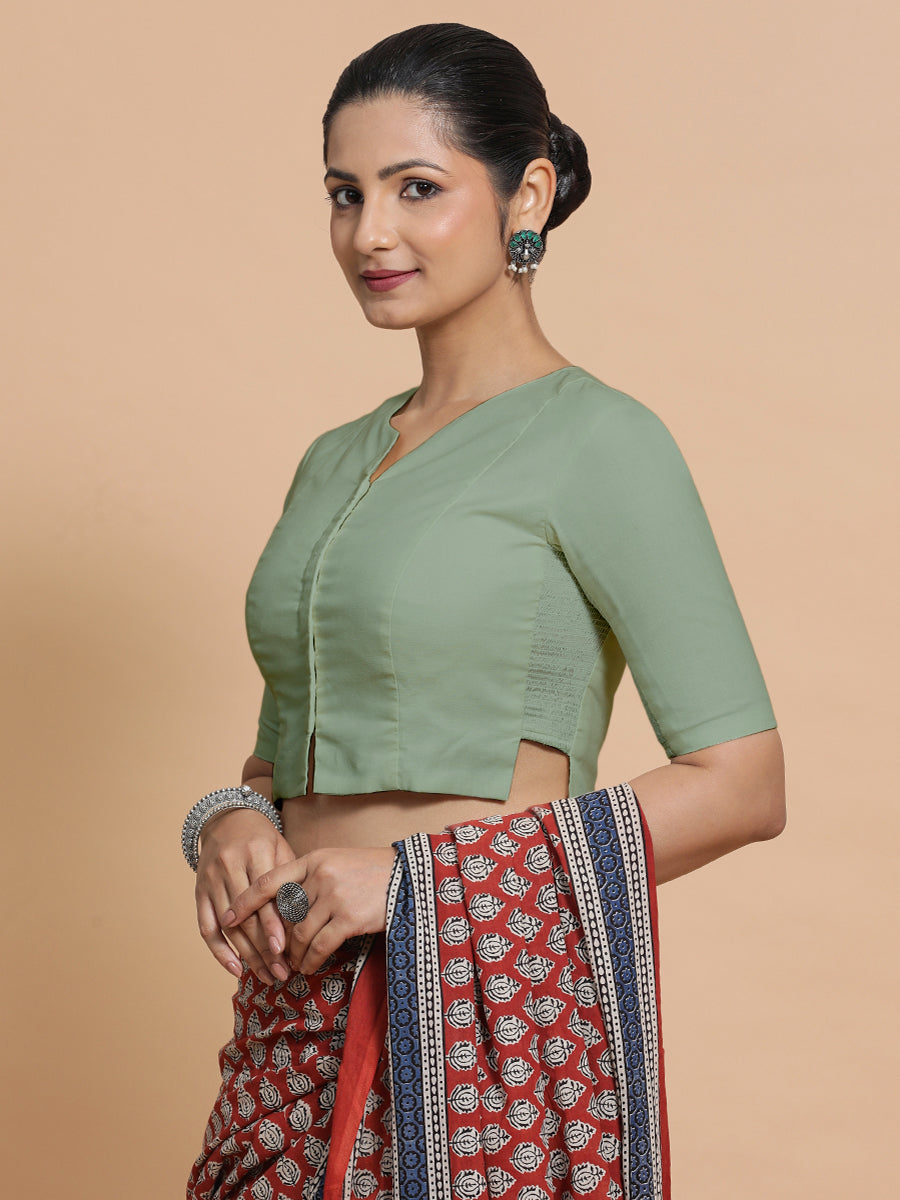 Seema x Rozaana Saree Blouse, in Green Linen, featuring elbow sleeves and round neckline, made for daily & work (view 7).