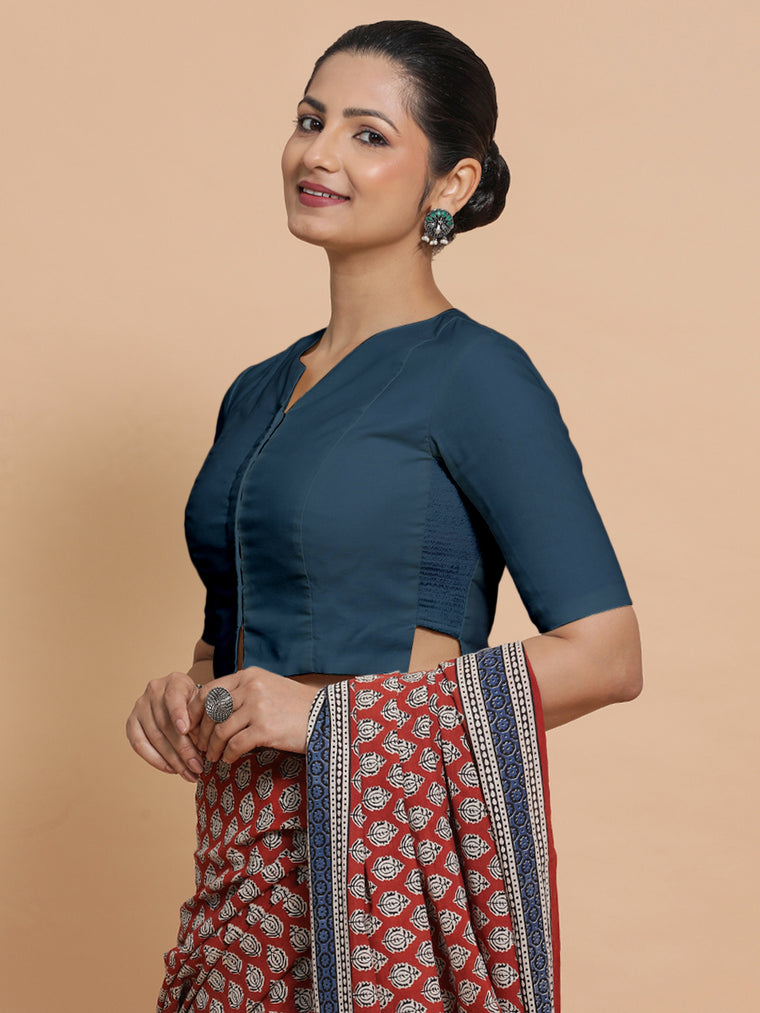 Seema x Rozaana Saree Blouse, in Blue Linen, featuring elbow sleeves and round neckline, made for daily & work.