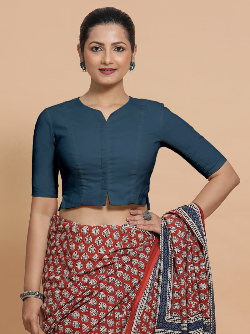 Seema x Rozaana | Elbow Sleeves Saree Blouse in Regal Blue Linen-Binks