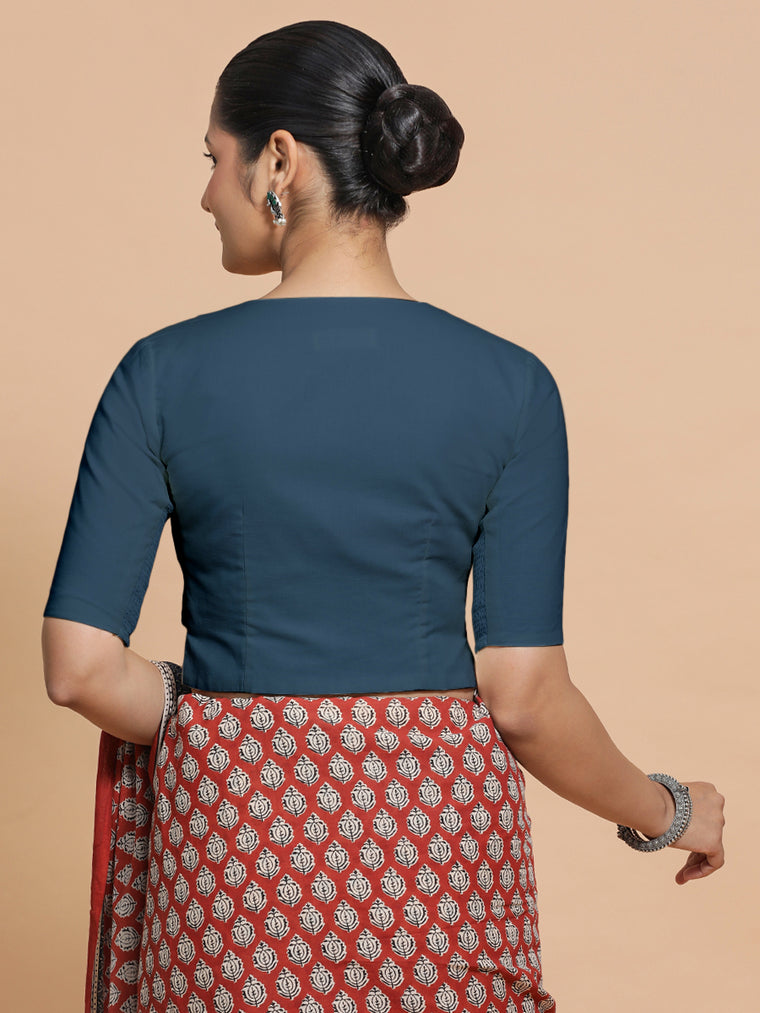 Seema x Rozaana Saree Blouse, in Blue Linen, featuring elbow sleeves and round neckline, made for daily & work (view 2).