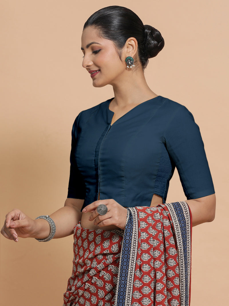 Seema x Rozaana | Elbow Sleeves Saree Blouse in Regal Blue Linen-Binks