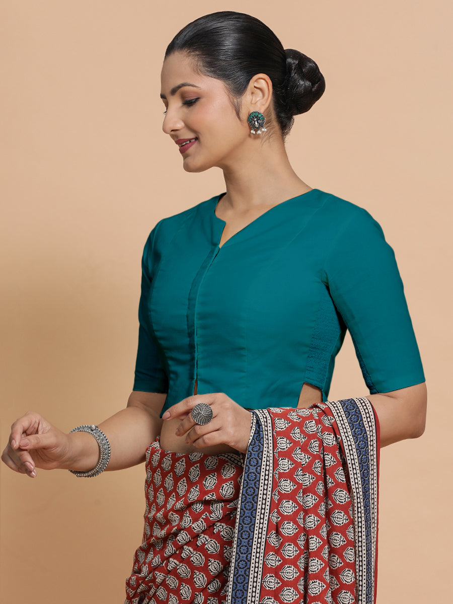 Seema x Rozaana Saree Blouse, in Blue Linen, featuring elbow sleeves and round neckline, made for daily & work.